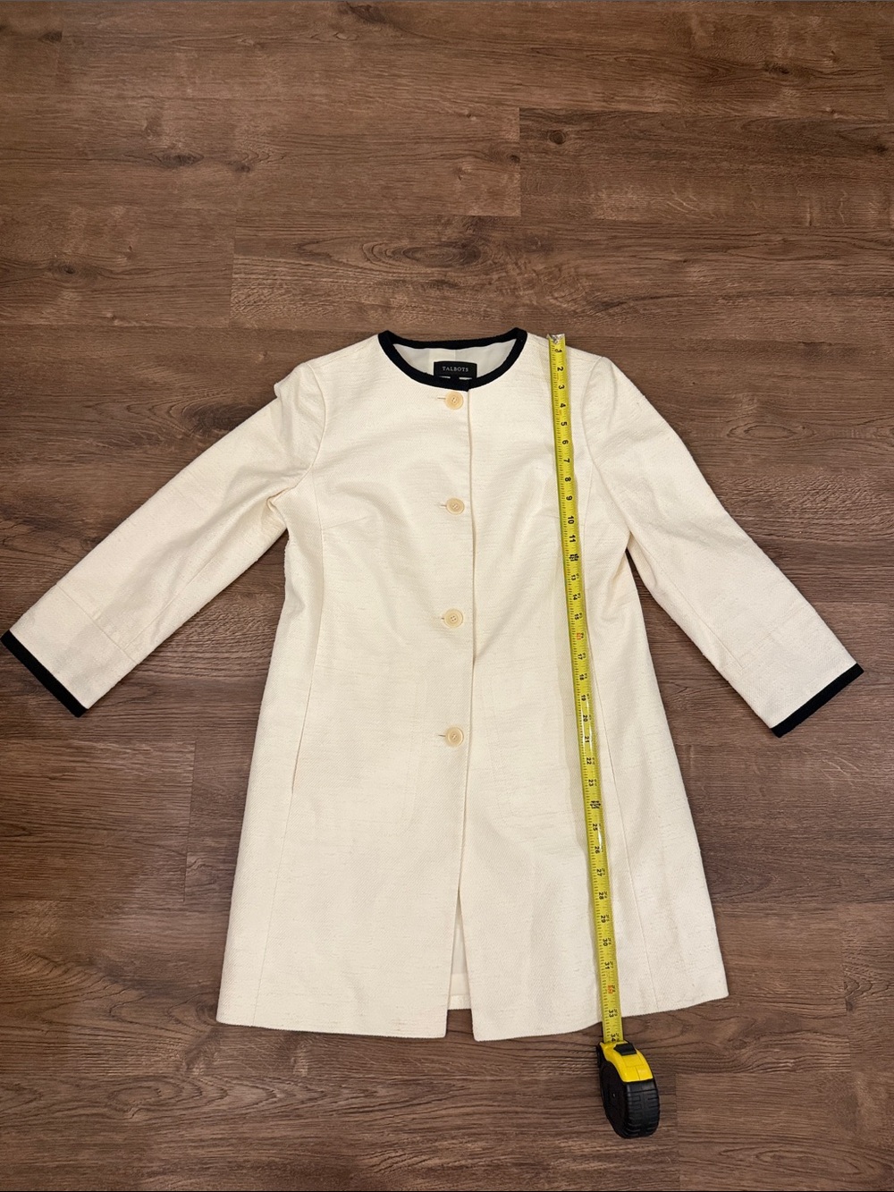 Talbots Cream knobby Linen like cotton Long Blazer with Black Trim Size 4